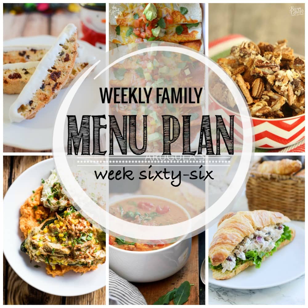 Weekly Family Meal Plan now featuring 4 main dishes, a seasonal recipe, a soup, and two desserts.