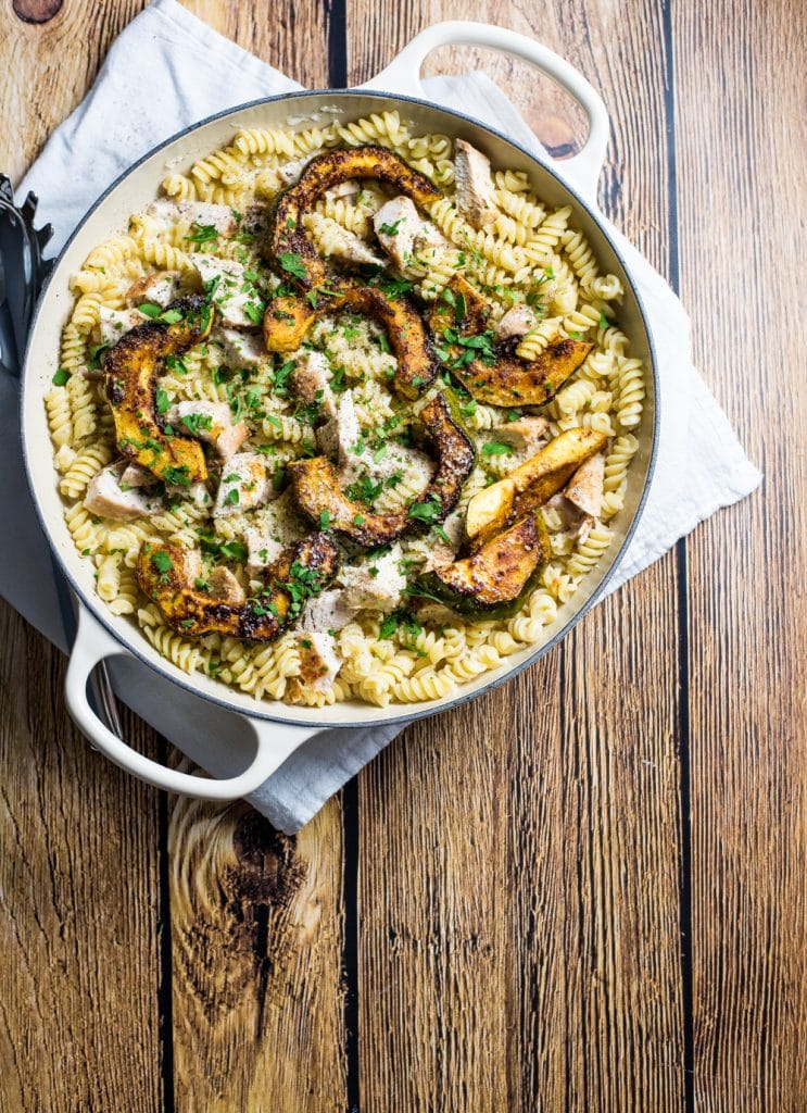 Chicken Alfredo Pasta with Caramelized Acorn Squash