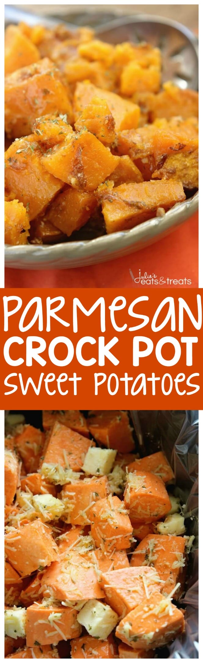 Parmesan Crock Pot Sweet Potatoes ~ Perfect Easy, Quick Weeknight Side Dish or Holiday Side Dish in Your Slow Cooker! Packed Full of Garlic and Parmesan Flavor!