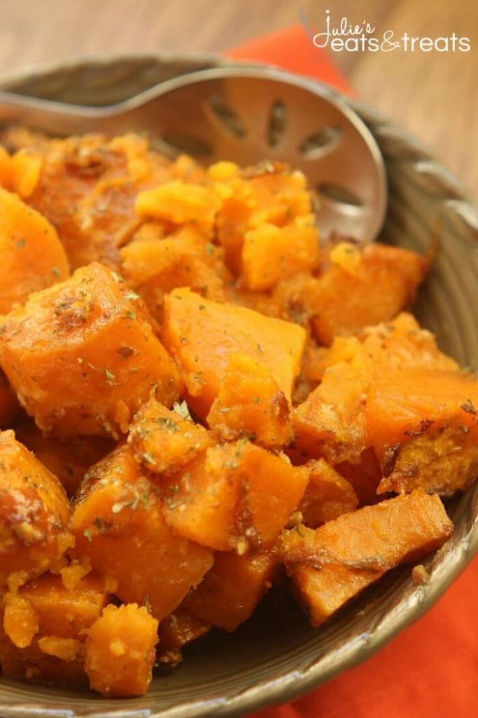 Parmesan Crock Pot Sweet Potatoes ~ Perfect Easy, Quick Weeknight Side Dish or Holiday Side Dish in Your Slow Cooker! Packed Full of Garlic and Parmesan Flavor!