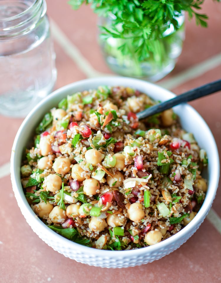 Bulgar Salad with Chickpeas, Pomegranate Seeds, & Almonds