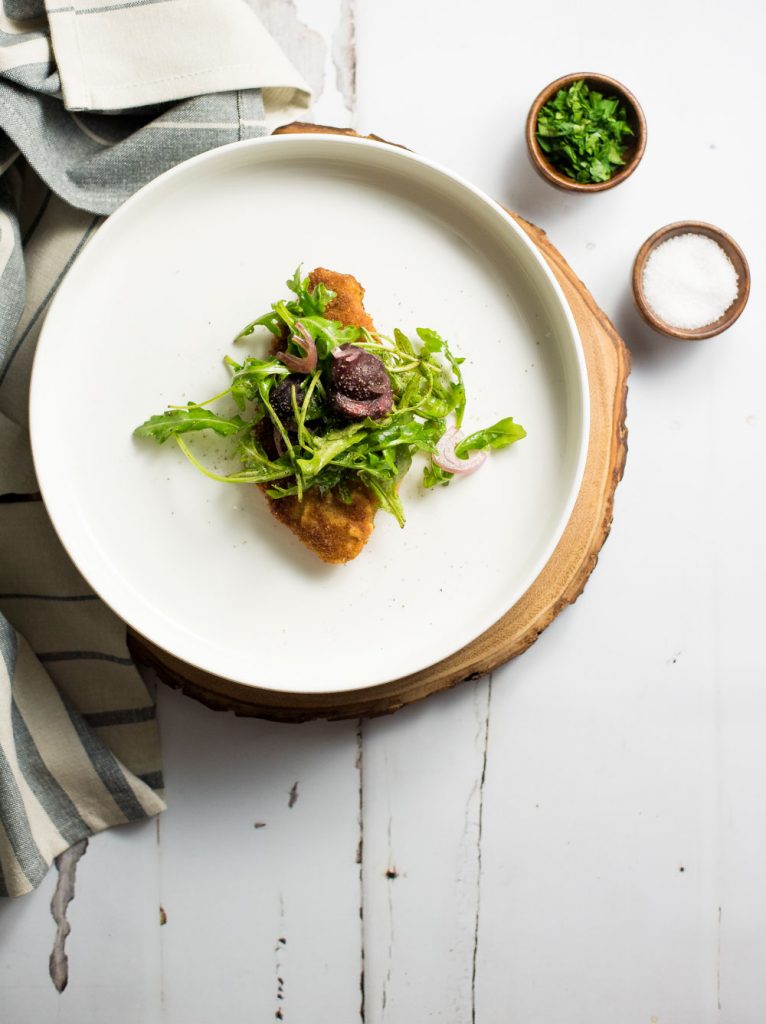 Lighter Pan-fried Chicken Breasts with Cherry and Arugula Salad