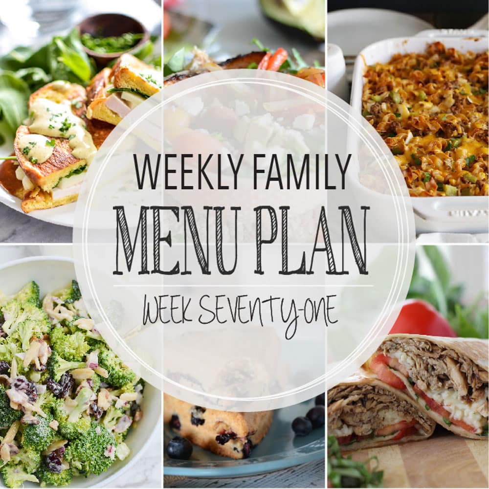 Weekly Family Meal Plan- Featuring several main dishes, a side dish, a soup, a breakfast, and two desserts!