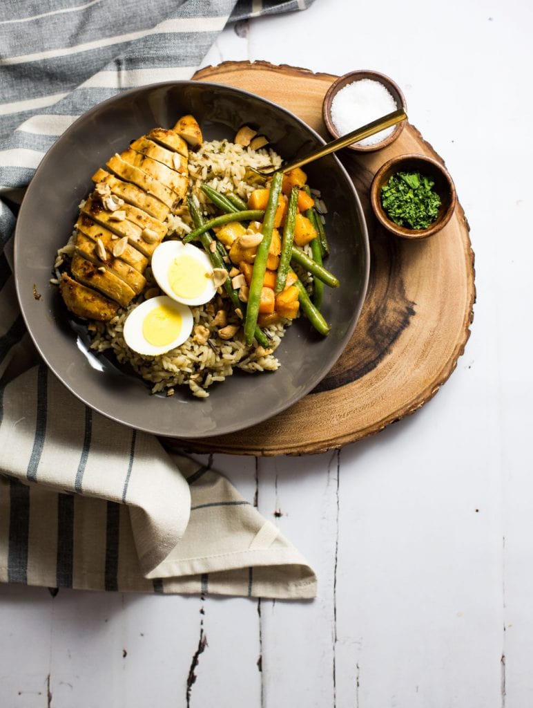 Brown Butter Rice Bowls with Marinated Chicken & Roasted Veggies