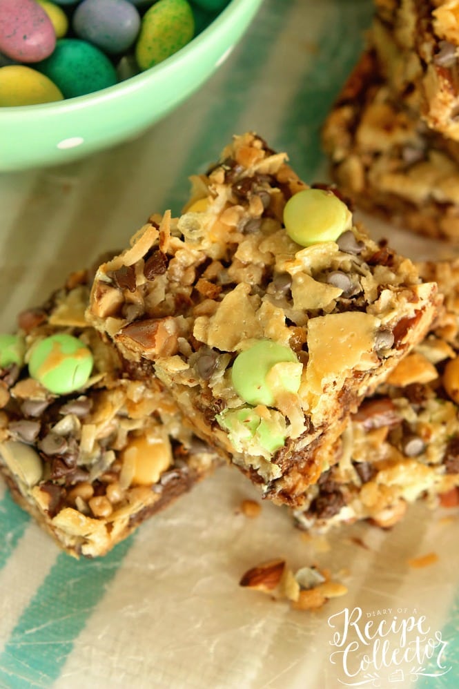 Easter Everything Bars are filled with so many good things including potato chips, coconut, almonds, chocolate chips, toffee bits, and white chocolate candies! They are the perfect sweet and salty combo!