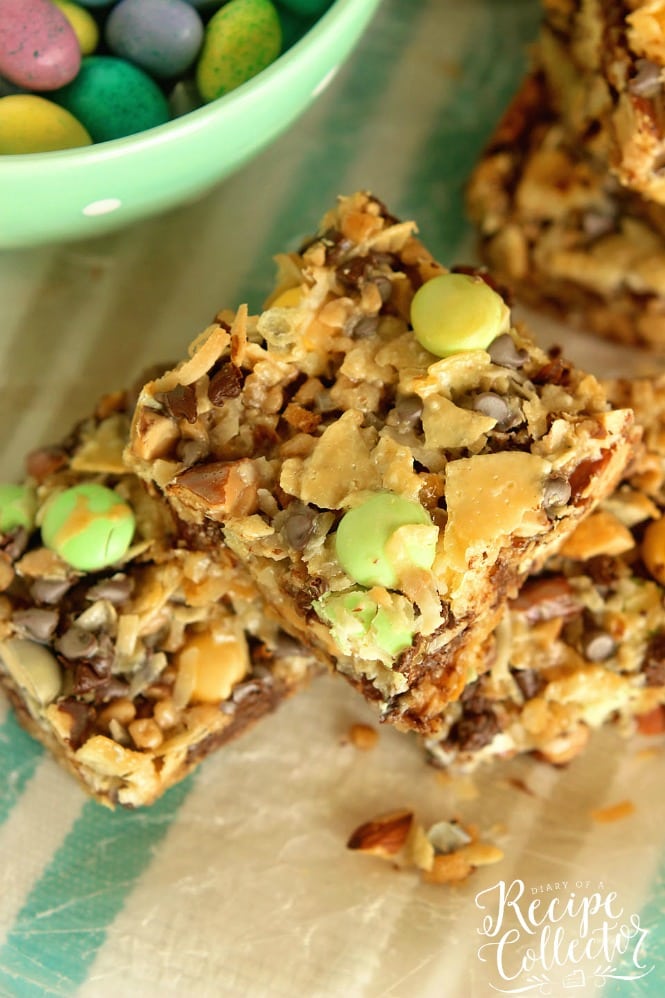 Easter Everything Bars are filled with so many good things including potato chips, coconut, almonds, chocolate chips, toffee bits, and white chocolate candies! They are the perfect sweet and salty combo!