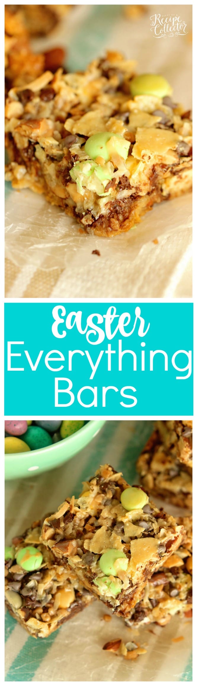 Easter Everything Bars are filled with so many good things including potato chips, coconut, almonds, chocolate chips, toffee bits, and white chocolate candies! They are the perfect sweet and salty combo!