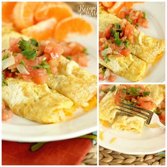 Egg Crepes - A simple, breakfast egg crepe filled with cheese and topped with pico de gallo. It's an easy and perfect breakfast recipe when you are trying to cut the carbs!