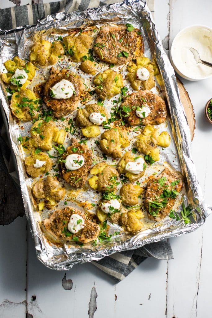 Roasted Pork Chops and Smashed Potato Sheet Pan Dinner