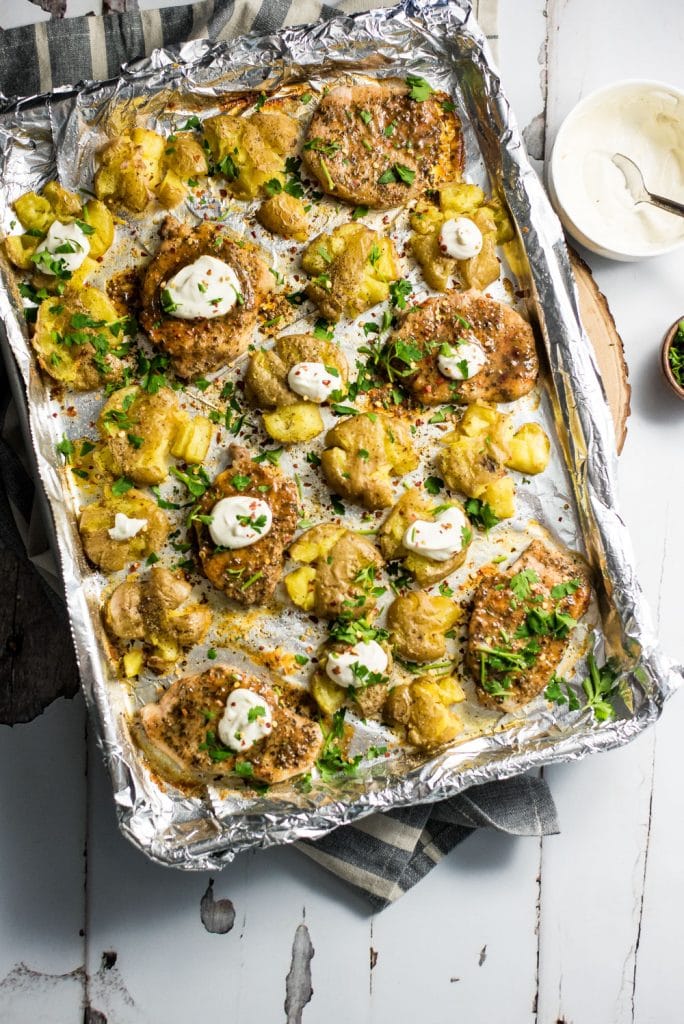 Roasted Pork Chops and Smashed Potato Sheet Pan Dinner