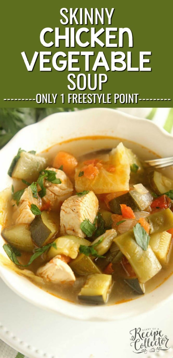 Skinny Chicken and Vegetable Soup - This healthy soup is filled with tons of great vegetables and chicken in a light broth. It will leaving you feeling full and guilt-free!!  Plus, it's only 1 freestyle weight watchers point!!