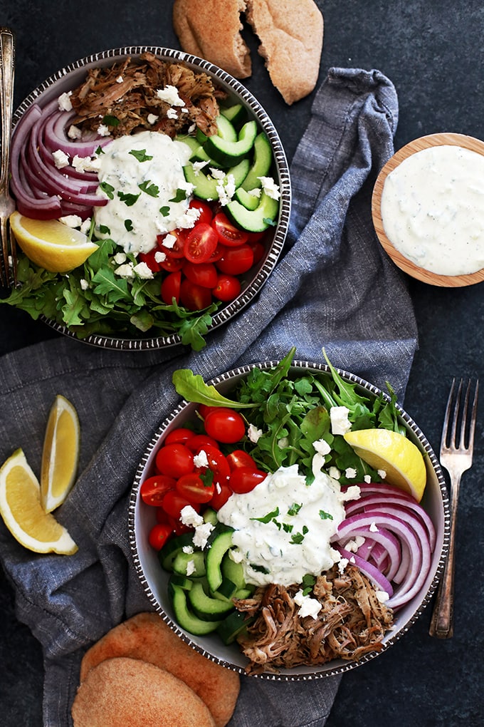 Slow Cooker Pulled Pork Gyro Bowls