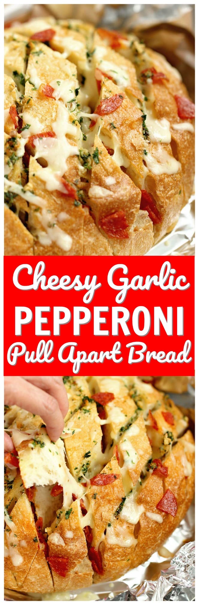 Cheesy Pepperoni Garlic Pull Apart Bread is a packed with tons of garlic herb flavor and makes the perfect appetizer and snack idea!