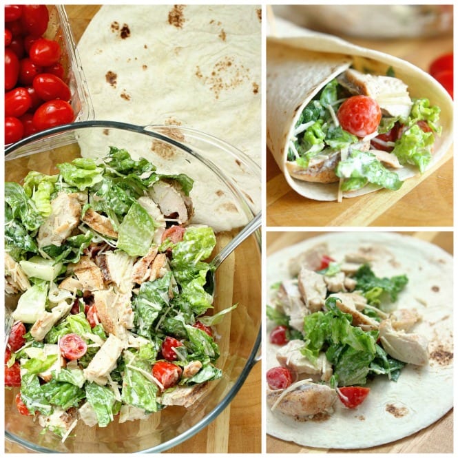 Chicken Caesar Wrap - A quick and easy lunch or dinner recipe filled with grilled chicken, chopped romaine, grape tomatoes, Parmesan cheese, and caesar dressing.  They are great to make ahead for your week too!
