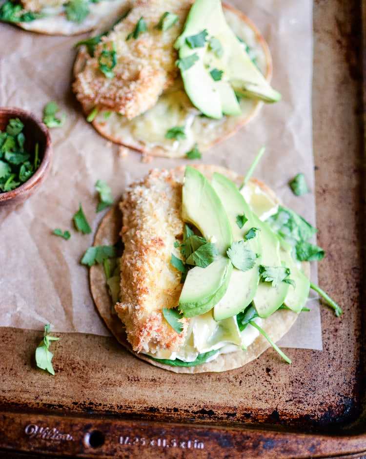 Crispy Coconut Chicken, Brie, and Avocado Tostadas