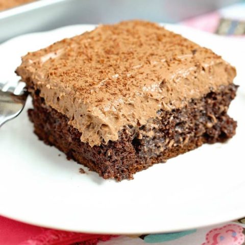 Double Mocha Poke Cake - An easy poke cake recipe using a box cake mix doctored up with pudding mix and expresso powder. It's topped with a heavenly mocha pudding whipped icing!