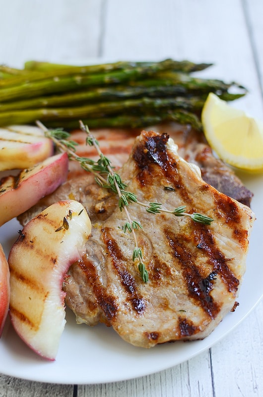 Grilled Lemon Thyme Pork Chops with Peaches