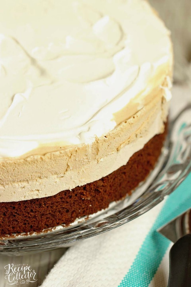 Mocha Brownie Ice Cream Cake - Layers of delicious brownie, coffee cream cheese , coffee ice cream, and whipped topping.  If you love an iced mocha frappe, then you will love this dessert!