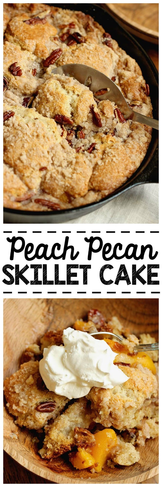 Easy Peach Pecan Skillet Cake - A simple and comforting peach dessert with some surprising ingredients in the batter that make this cake divine!