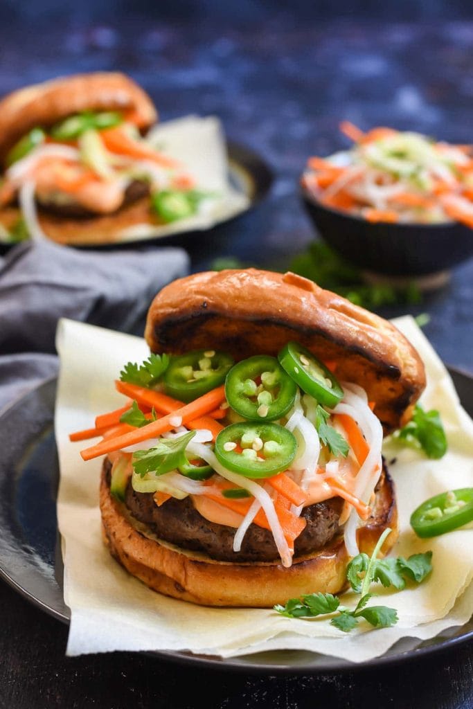 Bánh Mì Burgers with Quick Pickled Carrots and Daikon
