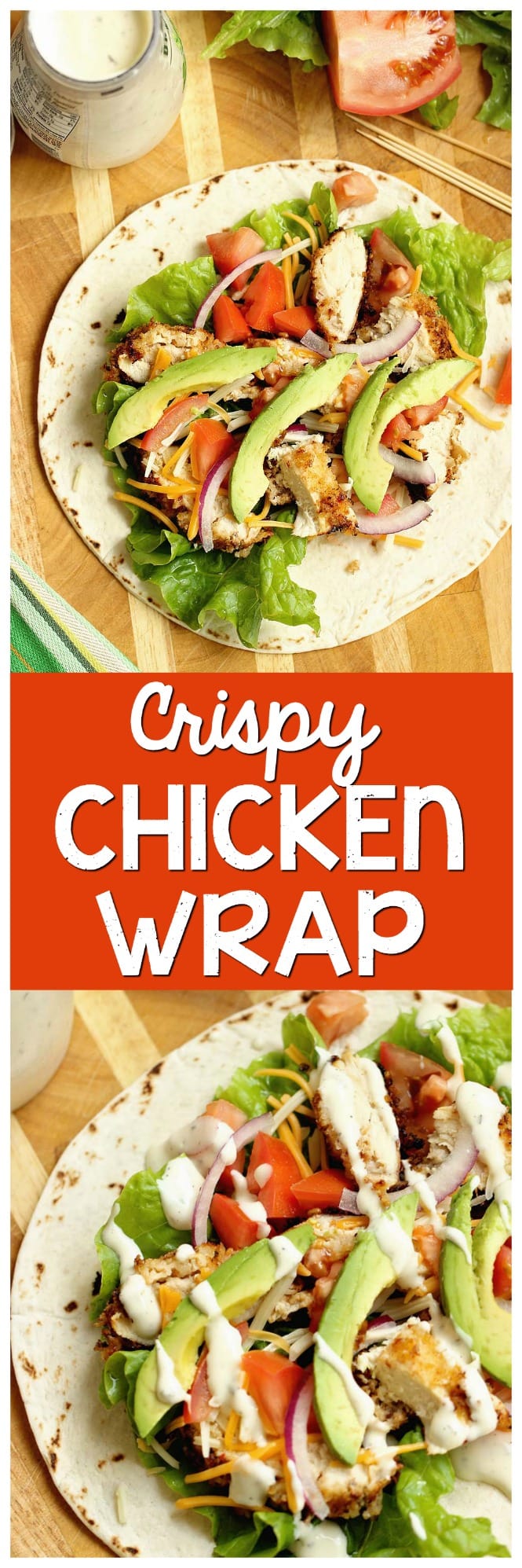 Crispy Chicken Wrap - Stuffed with panko-coated chicken, diced tomatoes, sliced red onion, avocado, shredded cheese, and ranch dressing.  It makes a great weeknight dinner or lunch idea!