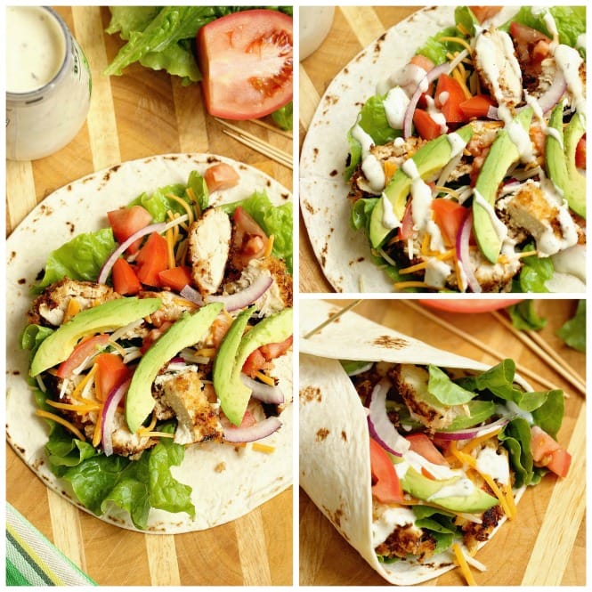 Crispy Chicken Wrap - Stuffed with panko-coated chicken, diced tomatoes, sliced red onion, avocado, shredded cheese, and ranch dressing.  It makes a great weeknight dinner or lunch idea!