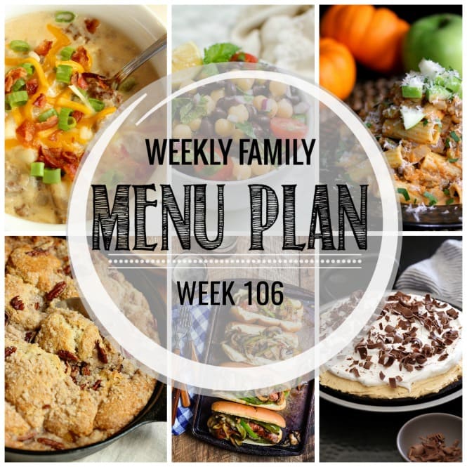 Weekly Family Meal Plan- Featuring several main dishes, a side dish, a soup, a breakfast, and two desserts!