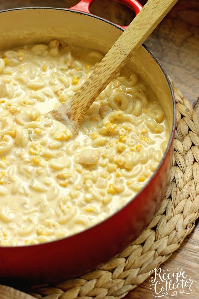 Green Chile Chicken Mac and Cheese - This hearty all-in-one macaroni and cheese dinner idea is filled with chicken, green chiles, corn, and of course all the creamy cheese!