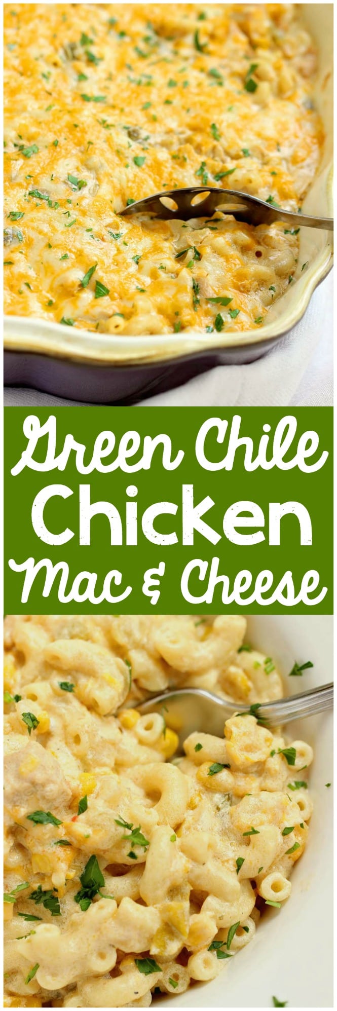 Green Chile Chicken Mac & Cheese - This hearty all-in-one macaroni and cheese dinner idea is filled with chicken, green chiles, corn, and of course all the creamy cheese!