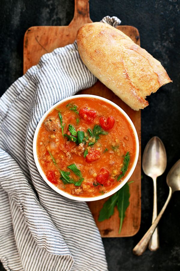 Slow Cooker Sausage, Lentil, & Arugula Soup