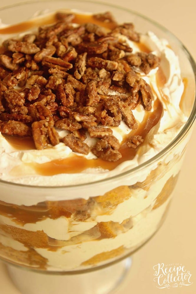 Pumpkin Praline Trifle - This is the ultimate fall dessert recipe with layers of easy pumpkin cake, cream cheese pudding, caramel, and praline pecans.Â  It's delicious made ahead and great for the busy holiday dinners!