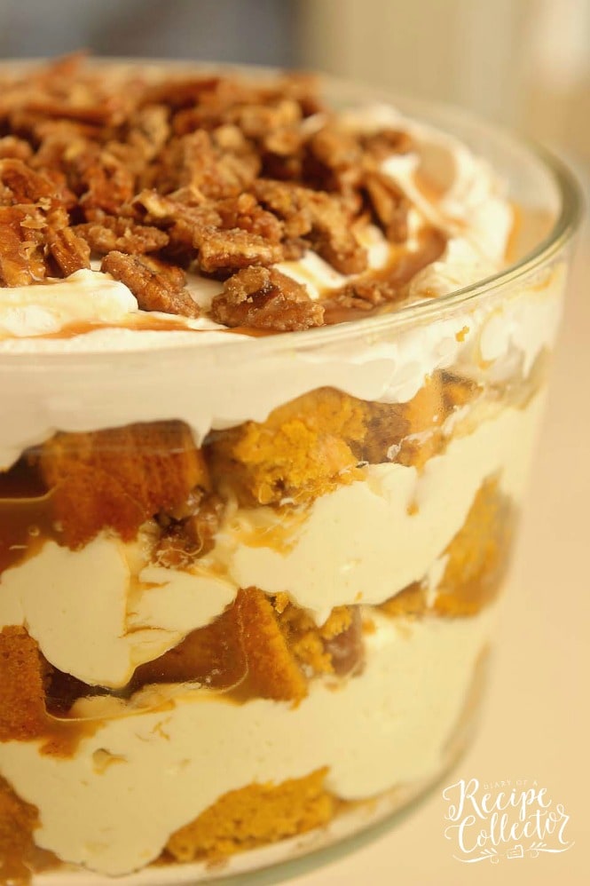 Pumpkin Praline Trifle - This is the ultimate fall dessert recipe with layers of easy pumpkin cake, cream cheese pudding, caramel, and praline pecans.  It's delicious made ahead and great for the busy holiday dinners!