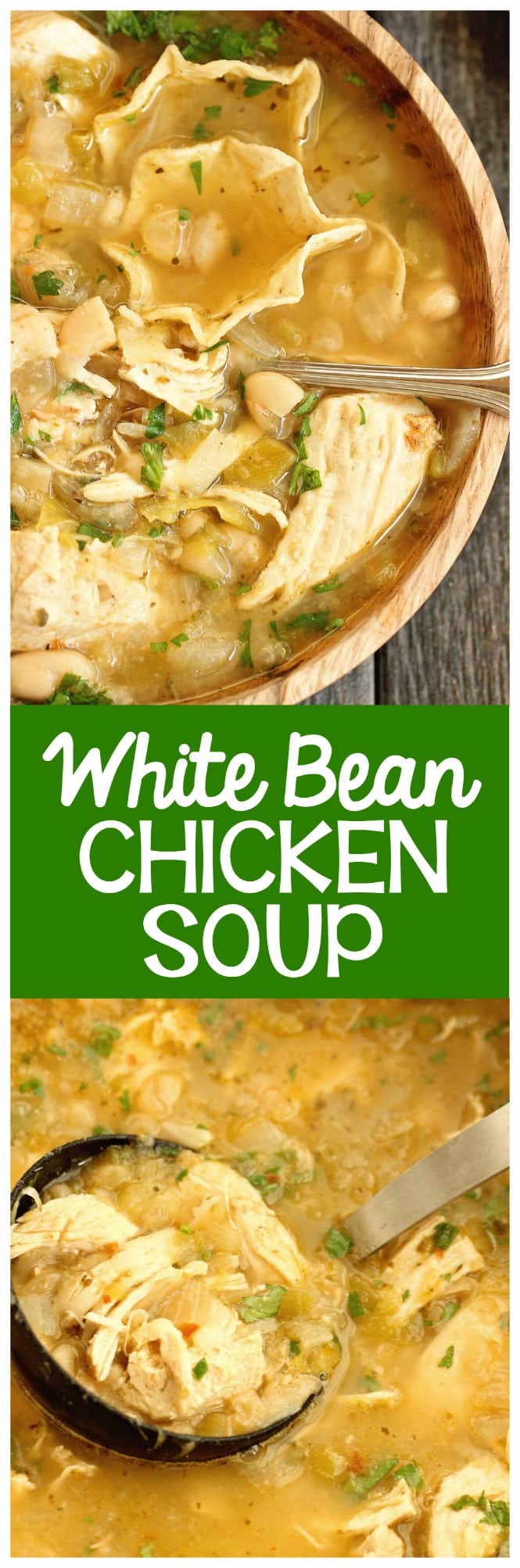 White Bean Chicken Soup - A healthy comforting soup recipe filled with chicken, Great Northern beans, green chiles, and tons of flavor!  It's a great recipe for dinner and for make-ahead lunches for the week! Plus, it's low-carb and only 2 freestyle points!