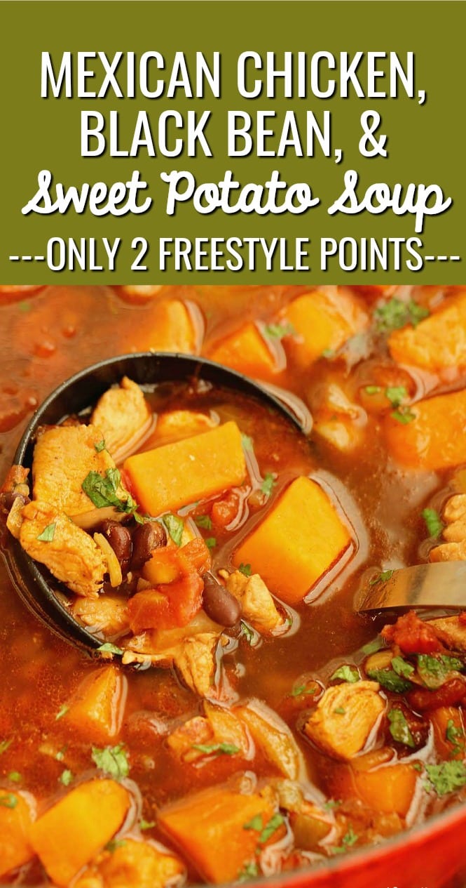 Mexican Chicken, Black Bean, & Sweet Potato Soup - An easy, healthy soup recipe idea perfect for cool winter months!  Plus, it's only 2 freestyle weight watchers points!