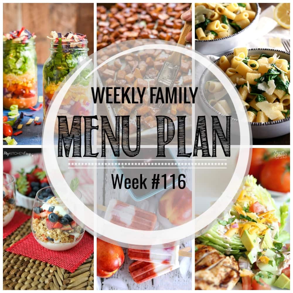 Weekly Family Meal Plan- Featuring several main dishes, a side dish, a soup, a breakfast, and two desserts!