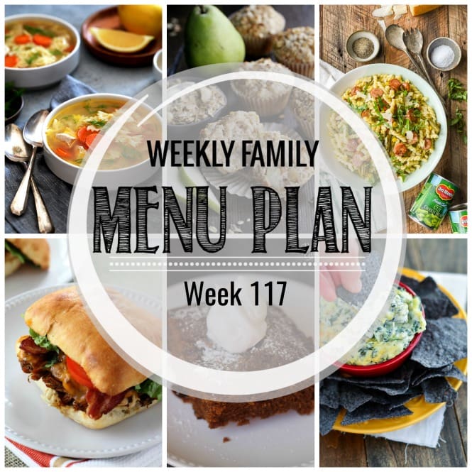 Weekly Family Meal Plan- Featuring several main dishes, a side dish, a soup, a breakfast, and two desserts!