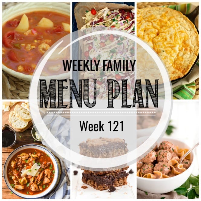 Weekly Family Meal Plan- Featuring several main dishes, a side dish, a soup, a breakfast, and two desserts!