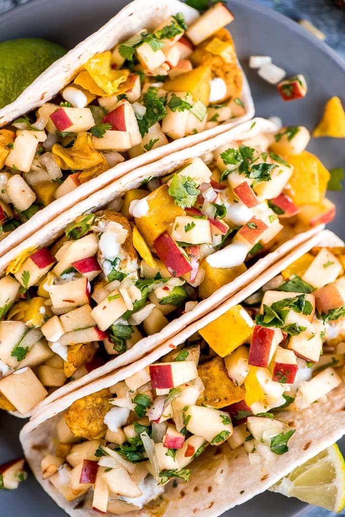 Chicken Cabbage Potato Tacos with Apple Pico De Gallo