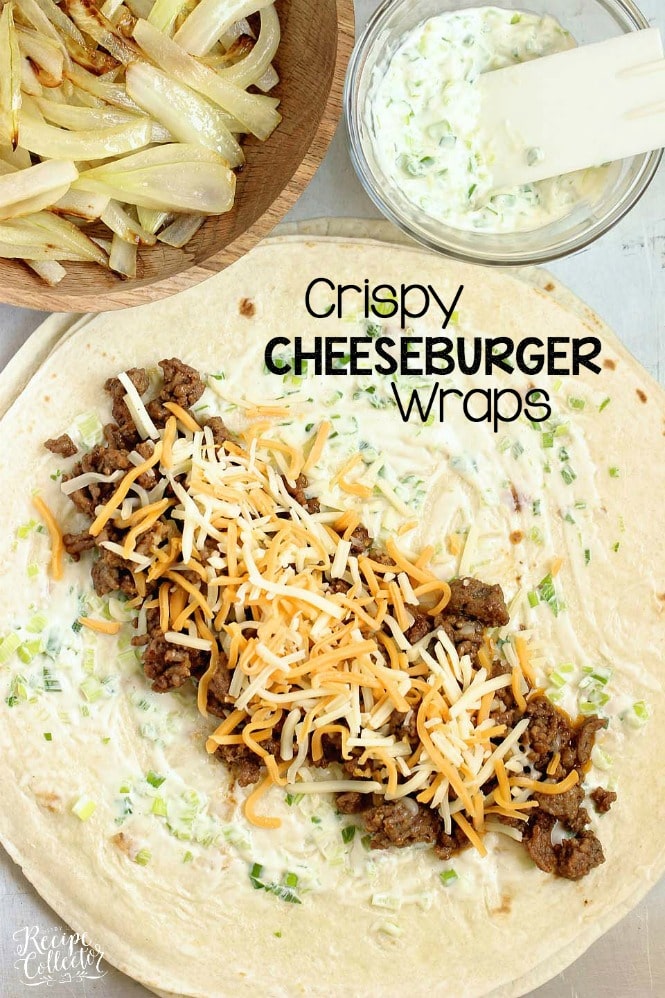 Crispy Cheeseburger Wraps - A crisp wrap filled with all the good cheeseburger fixings including smothered onions and a garlic and green onion mayo.