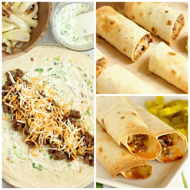 Crispy Cheeseburger Wraps - A crisp wrap filled all the good cheeseburger fixings including smothered onions and a garlic and green onion mayo.