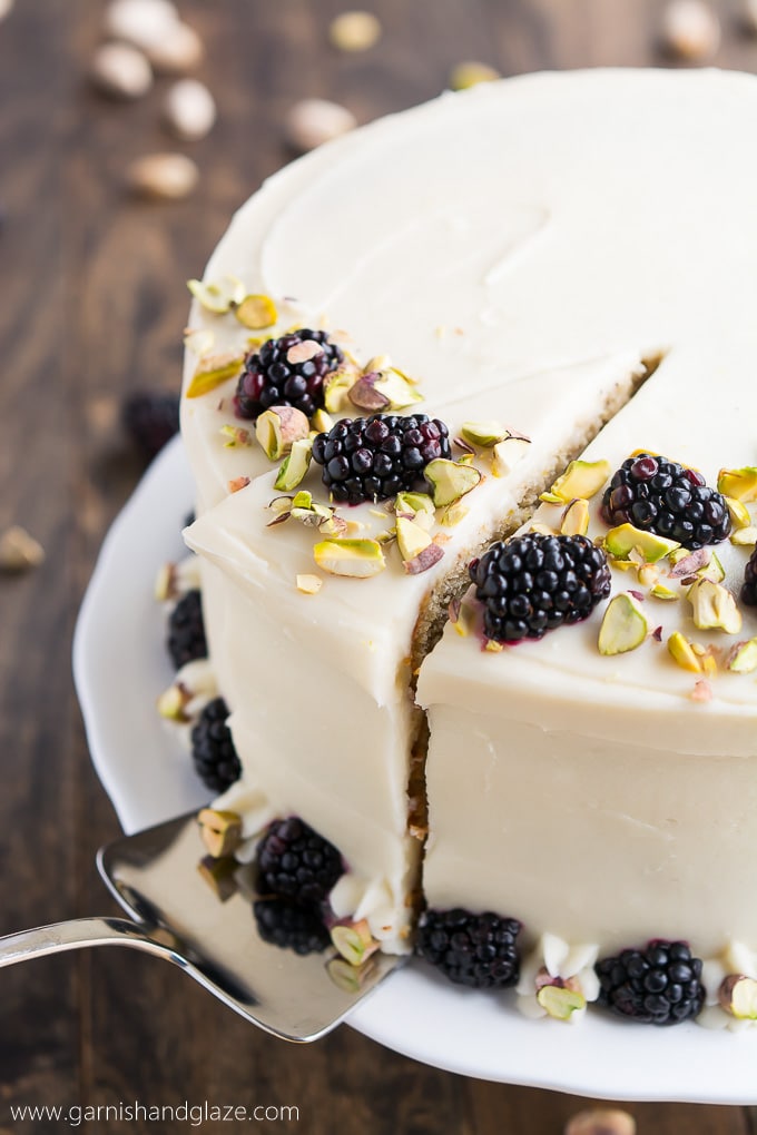 Pistachio Cake with Honey Cream Cheese Frosting