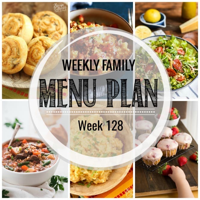 Weekly Family Meal Plan- Featuring several main dishes, a side dish, a soup, a breakfast, and two desserts!