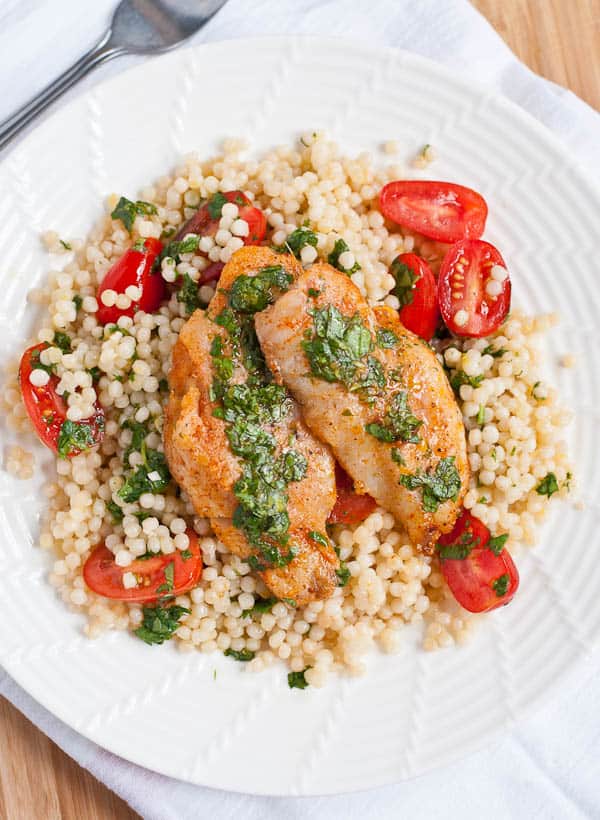 Cilantro Lemon Fish with Pearl Couscous and Tomatoes