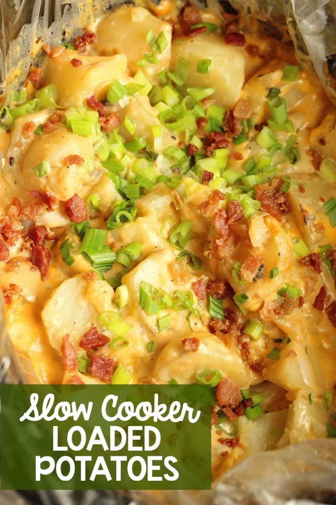 Slow Cooker Loaded Potatoes - An easy side dish recipe filled with all the yummy baked potato toppings and perfect for any time of year!