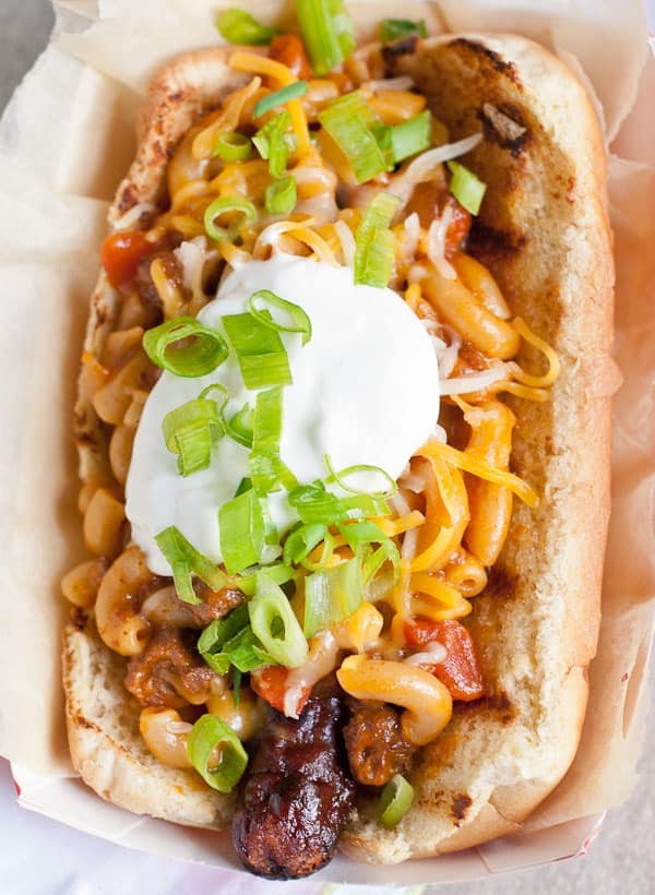 Loaded Chili Mac and Cheese Hot Dogs