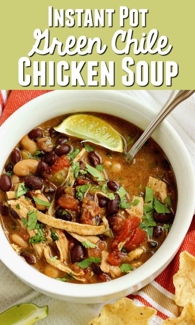 Instant Pot Green Chile Chicken Soup - A quick, easy, and delicious soup recipe filled with beans, green chiles, a little cream cheese, diced tomatoes, and spices.  It's a great weeknight dinner idea and makes several lunches for the week!