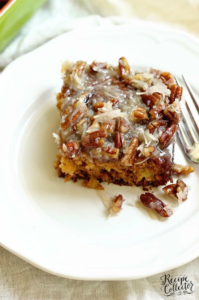 Old-Fashioned Cajun Cake - An EASY cake recipe filled with crushed pineapple and topped with a warm coconut pecan glaze.