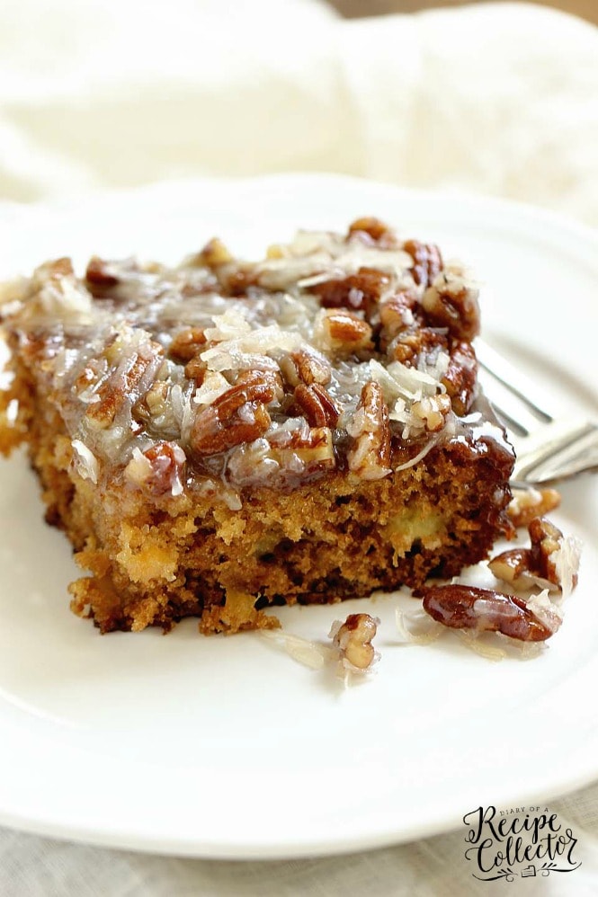 Old-Fashioned Cajun Cake - An EASY cake recipe filled with crushed pineapple and topped with a warm coconut pecan glaze.