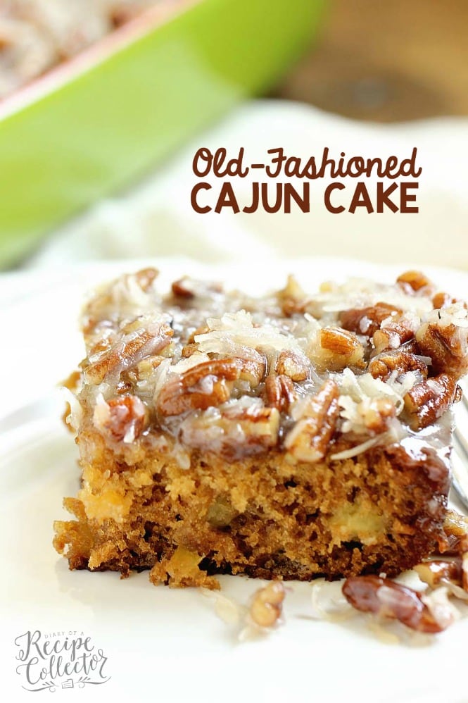 Old-Fashioned Cajun Cake - An EASY cake recipe filled with crushed pineapple and topped with a warm coconut pecan glaze.