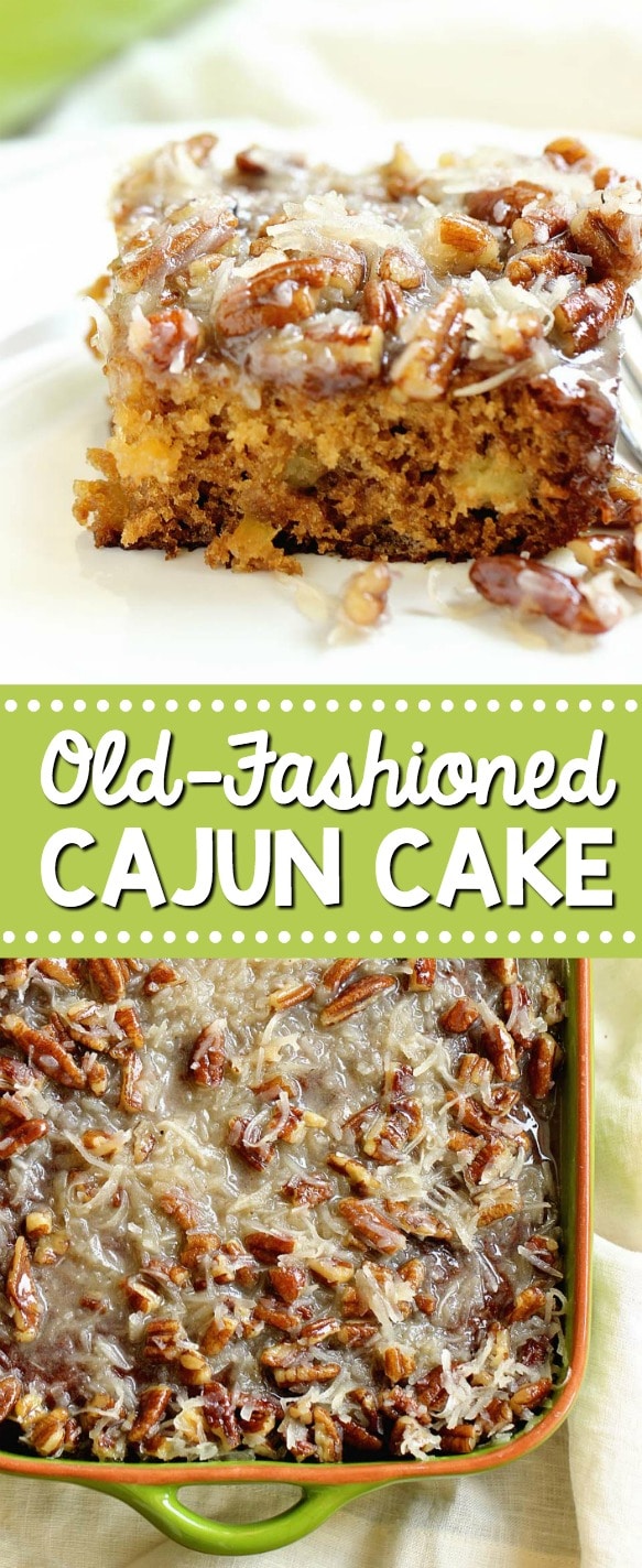 Old-Fashioned Cajun Cake - An EASY cake recipe filled with crushed pineapple and topped with a warm coconut pecan glaze.